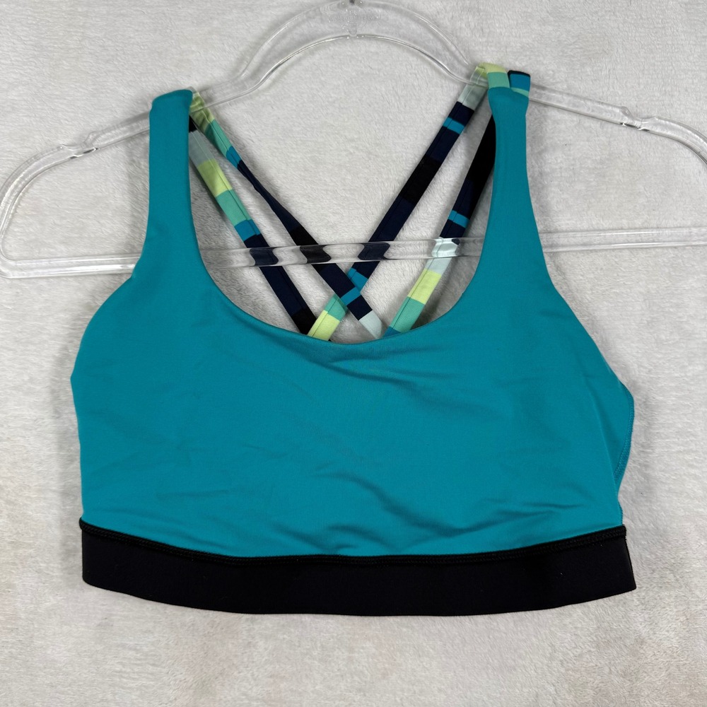 Lululemon Energy Bra Teal Blue Black Strappy Criss Cross Back Size‎ 6 9039